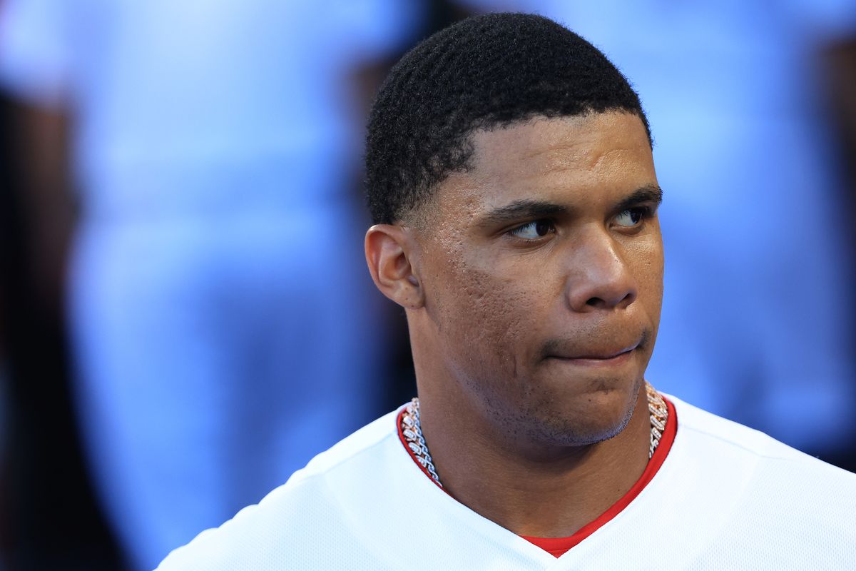 Juan Soto #22 of the Washington Nationals looks on during the 92nd MLB All-Star Game presented by Mastercard at Dodger Stadium on July 19, 2022 in Los Angeles, California.