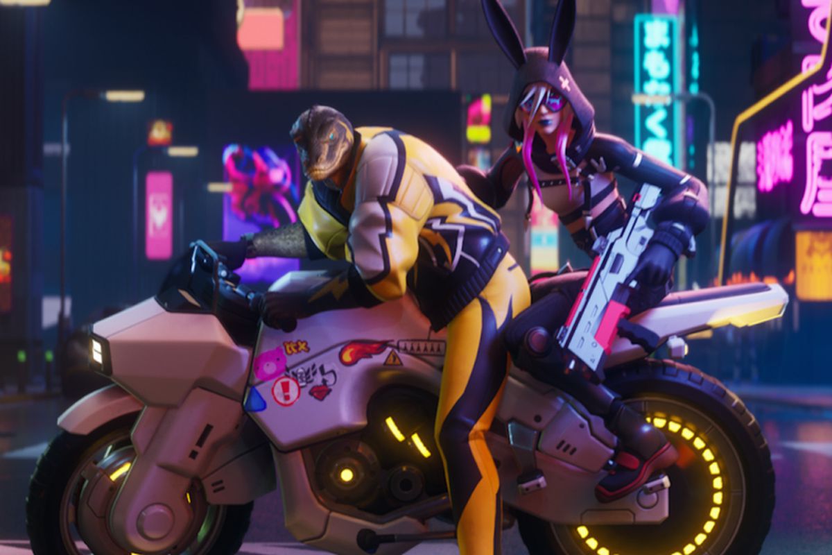 Two Fortnite characters ride on a tricked out motorcycle