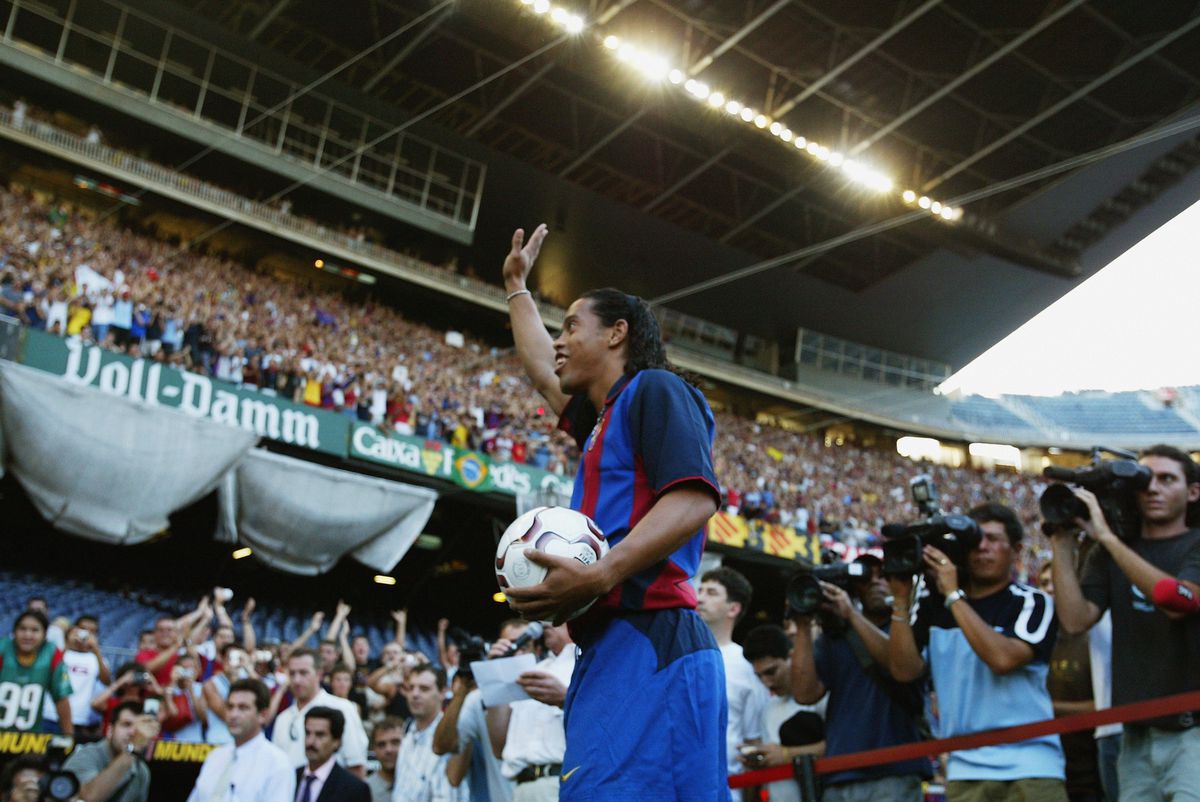 Ronaldinho of Brazil waves to the fans
