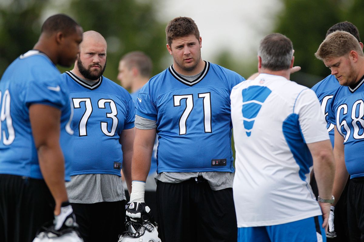 ALLEN PARK, MI - MAY 12:  Riley Reiff #71 of the Detroit Lions gets instructions during a rookie mini camp at the Detroit Lions Headquarters and Training Facility on May 12, 2012 in Allen Park, Michigan. (Photo by Gregory Shamus/Getty Images)