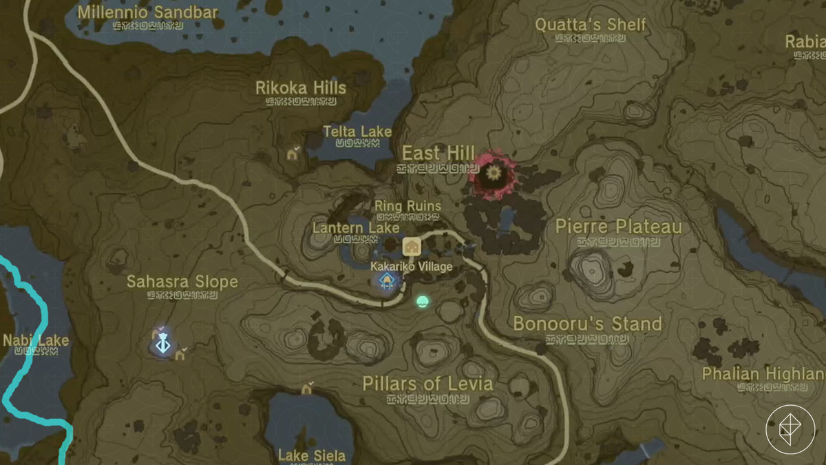 A map shows the location of Kakariko Village in The Legend of Zelda: Tears of the Kingdom.