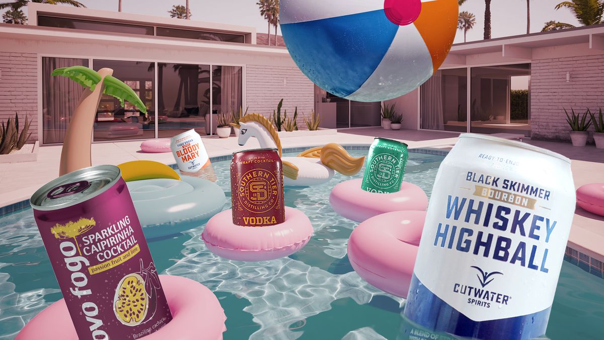 A photo-illustration of canned cocktails floating in inner-tubes in a swimming pool. 