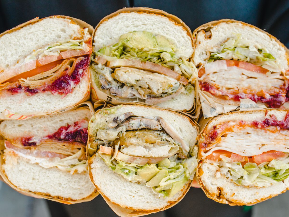 Six sandwiches stacked on top of each other