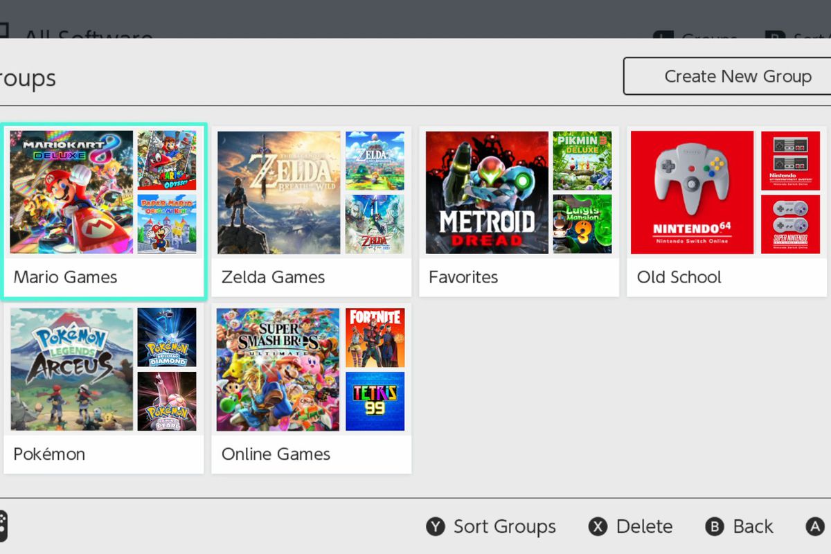 A menu showing off the Nintendo Switch’s Groups feature, with folders for Mario and Zelda games, old school titles, and others.
