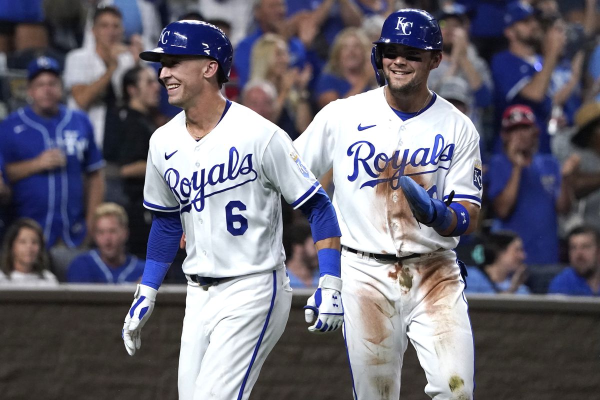 Drew Waters #6 of the Kansas City Royals celebrates his two-run home run with Michael Massey #19 in the fifth inning against the Cleveland Guardians at Kauffman Stadium on September 05, 2022 in Kansas City, Missouri.