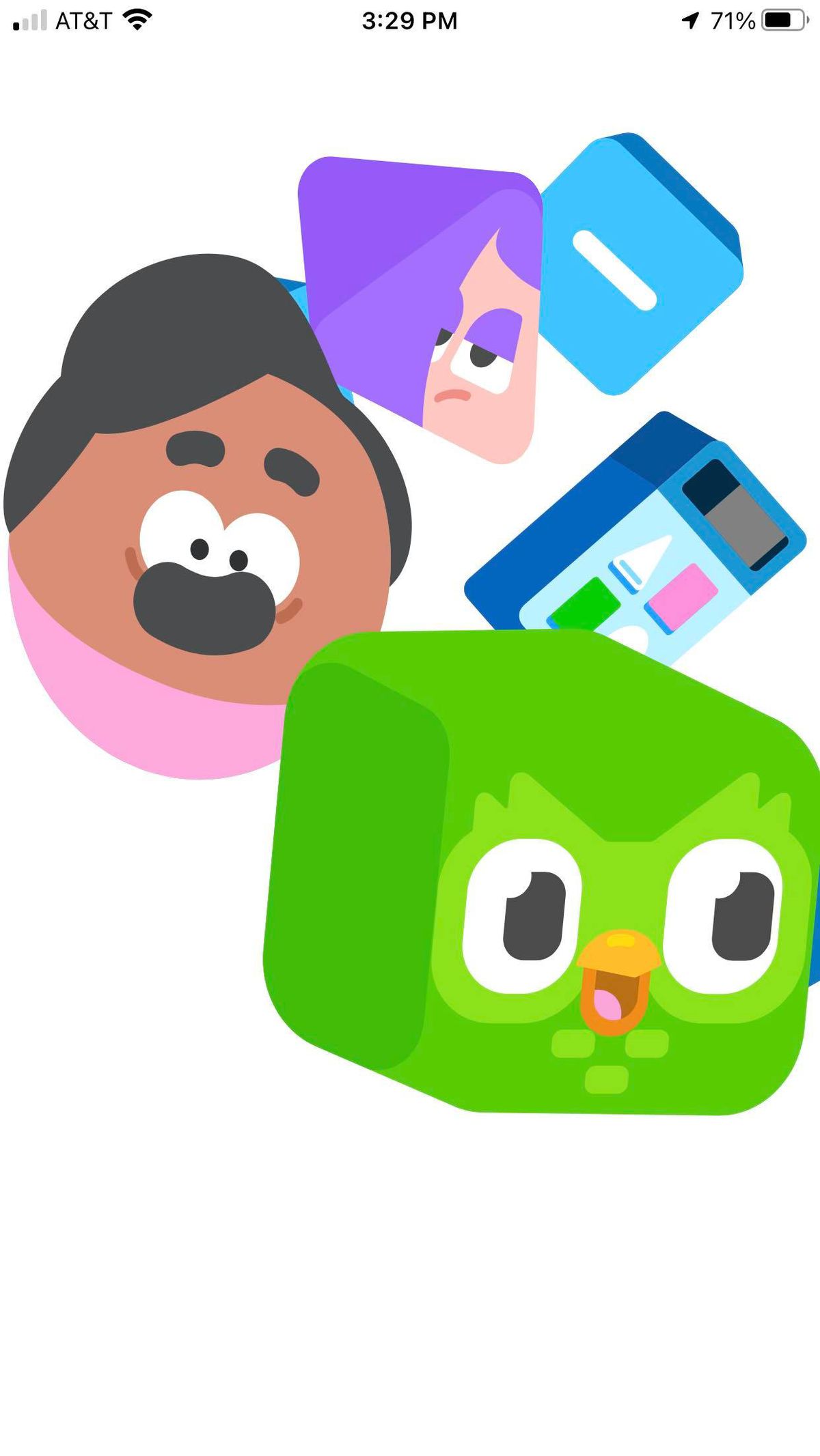 A screenshot of three Duolingo characters on a white background.