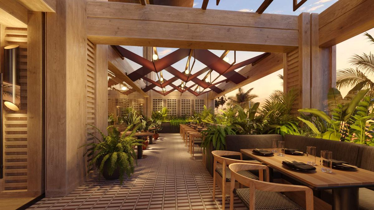 A daytime rendering of a sunny patio with exposed wood beams, lots of plants, and woven fabrics.