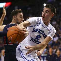 Brigham Young Cougars guard Zac Seljaas (2) passes the ball after getting a rebound from the Saint Mary's Gaels at the Marriott Center in Provo on Thursday, Jan. 24, 2019.