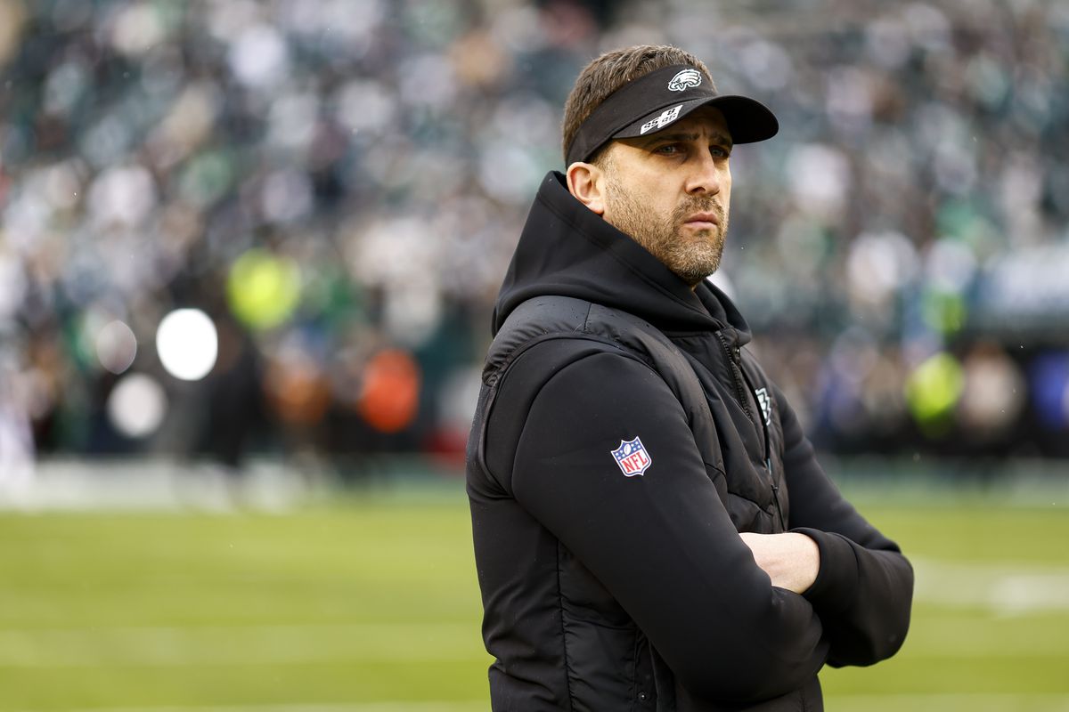 Head coach Nick Sirianni of the Philadelphia Eagles watches warmups prior to the NFC Championship NFL football game against the San Francisco 49ers at Lincoln Financial Field on January 29, 2023 in Philadelphia, Pennsylvania.