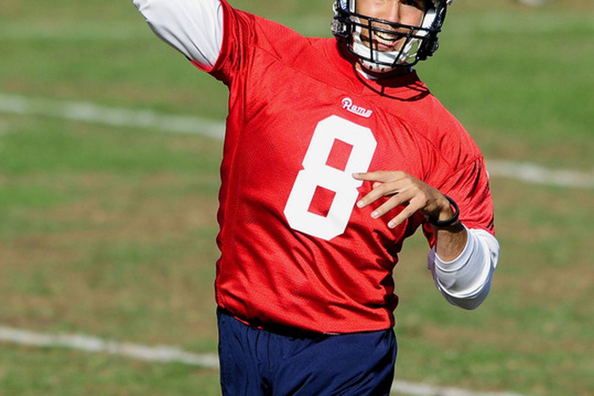 June 12, 2012; St. Louis, MO, USA; St. Louis Rams quarterback Sam Bradford (8) throws during minicamp at ContinuityX Training Center. Mandatory Credit: Jeff Curry-US PRESSWIRE