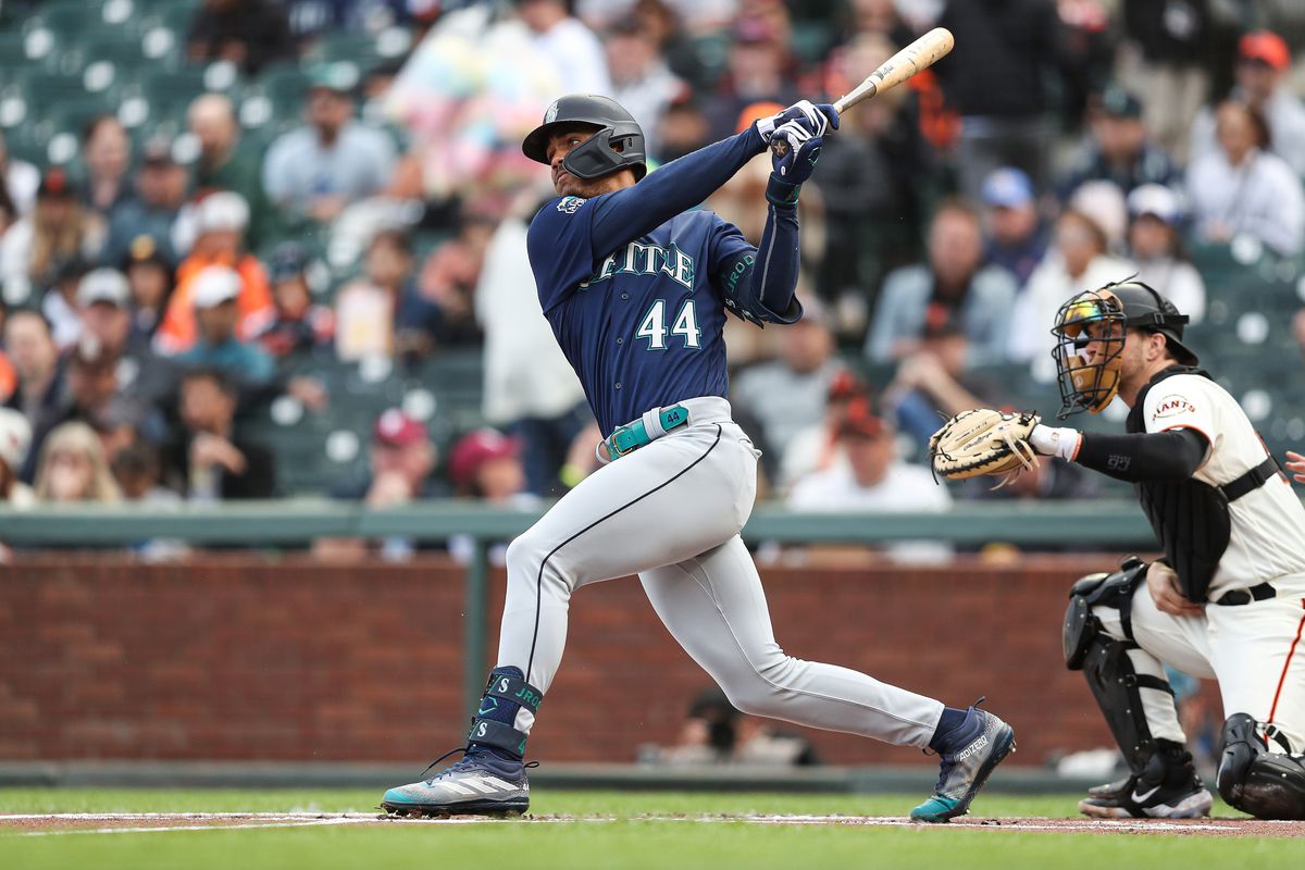 Julio Rodriguez of the Seattle Mariners bats against the San Francisco Giants in the top of the first inning at Oracle Park on July 5, 2023 in San Francisco, California.