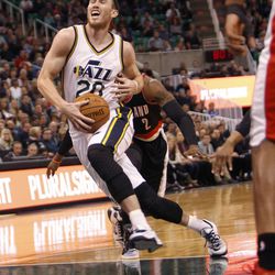 Utah Jazz forward Gordon Hayward (20) drives the ball to the hoop against Portland Friday, Feb. 20, 2015, at EnergySolutions Arena in Salt Lake City. The Jazz beat the Blazers, 92-76.