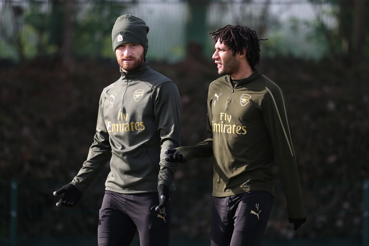 Arsenal’s Shkodran Mustafi and Mohamed Elneny during a training session.
