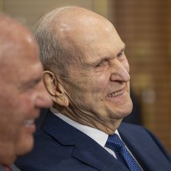 President Russell M. Nelson of The Church of Jesus Christ of Latter-day Saints laughs and smiles while listening to Rev. Amos C. Brown speak as The Church of Jesus Christ of Latter-day Saints and the NAACP announce a partnership at a press conference at the Church Administration Building in Salt Lake City on Monday, June 14, 2021. The partnership will provide $6 million in humanitarian aid over three years to inner cities in the United States, $3 million in scholarship donations over as many years to the United Negro College Fund, and a fellowship to send up to 50 students to Ghana to learn about Black American and African history.