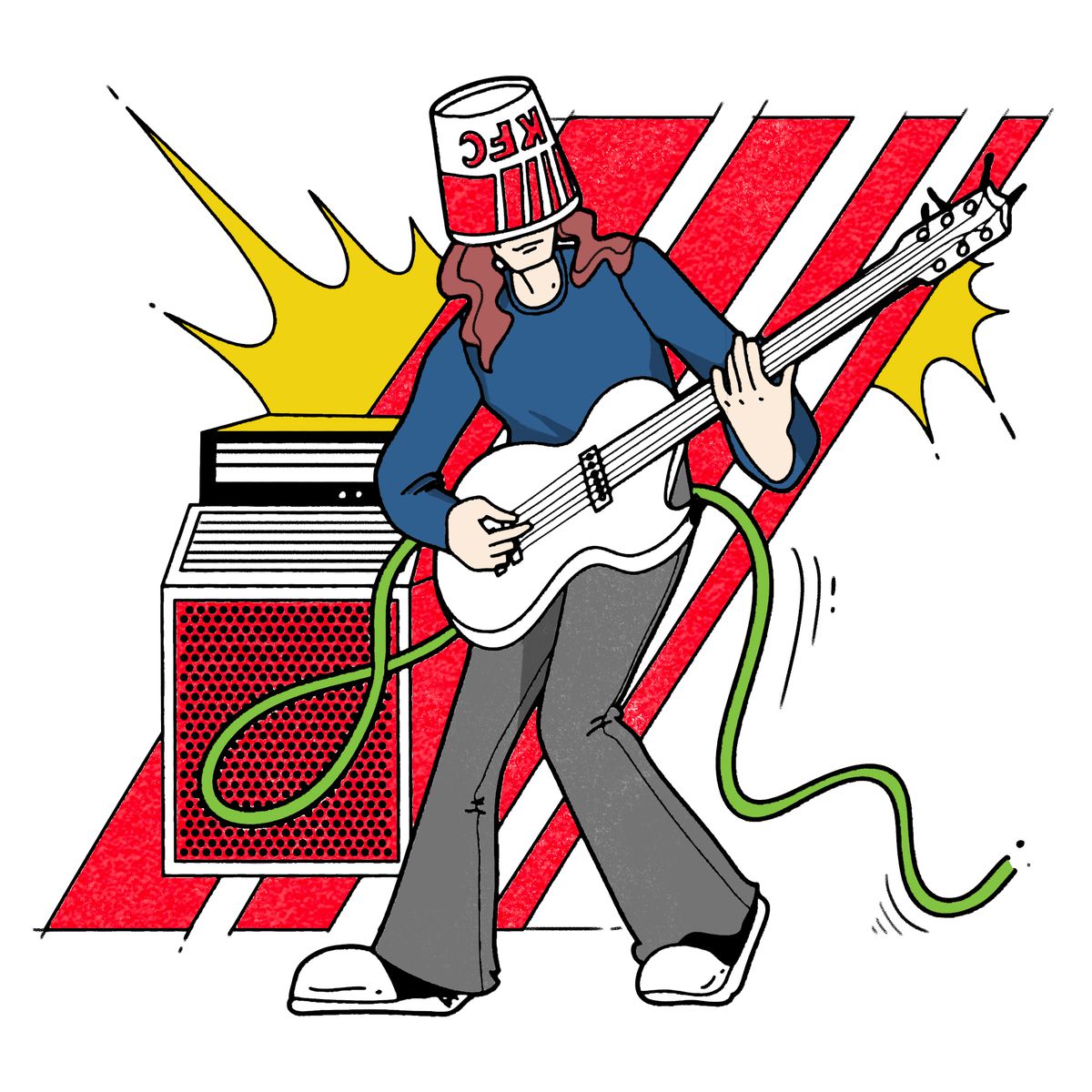 An illustration of Buckethead, the guitarist who wears a chicken bucket on his head playing the guitar.