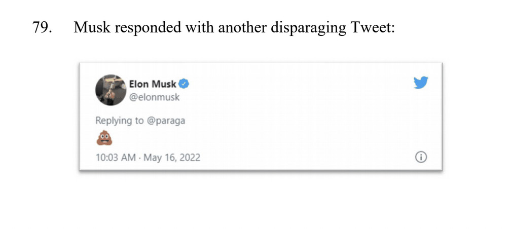 A screenshot from Twitter's complaint, which includes a tweet from Musk with a poop emoji
