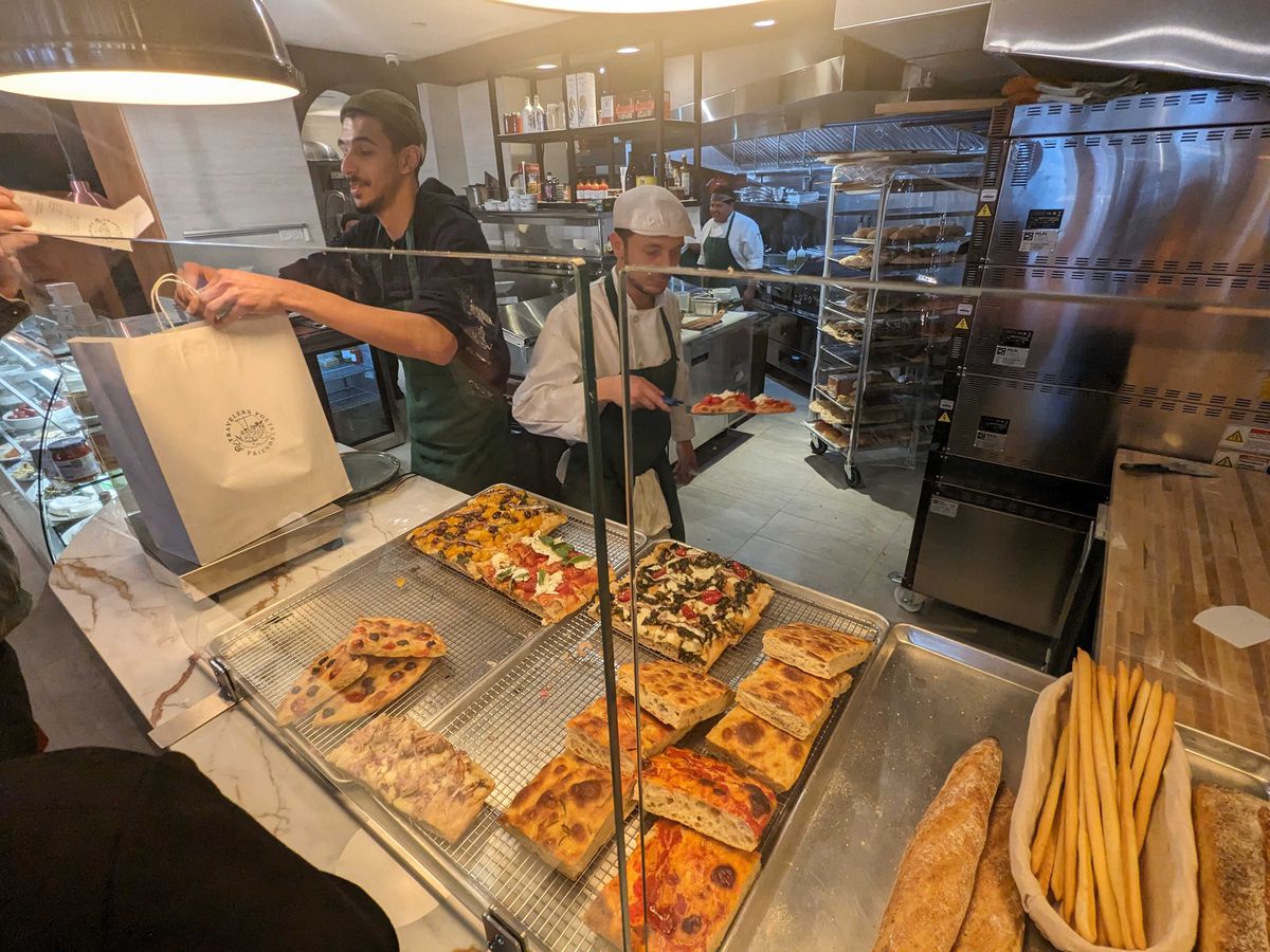 The pizza station at the restaurant. 
