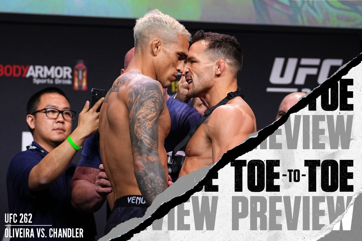 Charles Oliveira and Michael Chandler face off at the weigh-ins before UFC 262 in Houston, TX.