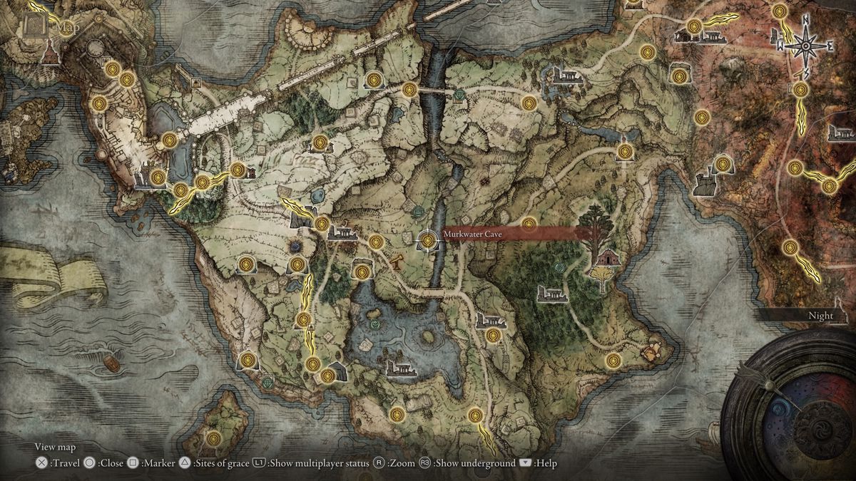Elden Ring’s map showing the location of Murkwater Cave in Limgrave, where you’ll find Patches. 