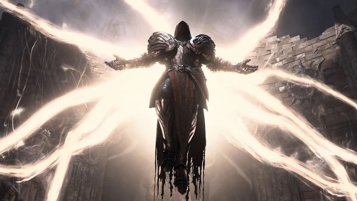 Inarius, an angel with wings made of light, descends on the player in Diablo 4