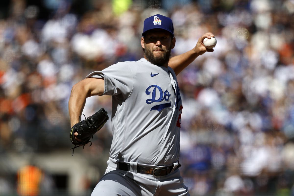 Clayton Kershaw throws a pitch during a Los Angeles Dodgers v. San Francisco Giants game.