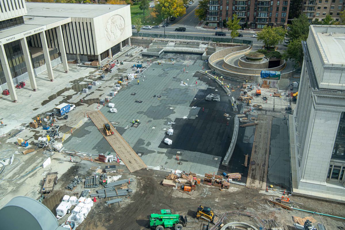 View from the west side of the Church Office Building plaza where new concrete has been poured and waterproofed.