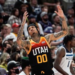 Utah Jazz guard Jordan Clarkson reacts after missing a 3-pointer against the Minnesota Timberwolves during an NBA game at Vivint Arena in Salt Lake City on Friday, Dec. 31, 2021.