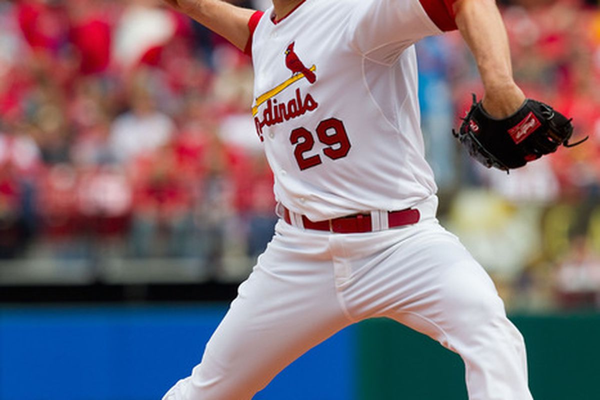 ST. LOUIS, MO - APRIL 23: Starter Chris Carpenter #29 of the St. Louis Cardinals pitches against the Cincinnati Reds at Busch Stadium on April 23, 2011 in St. Louis, Missouri.  (Photo by Dilip Vishwanat/Getty Images)