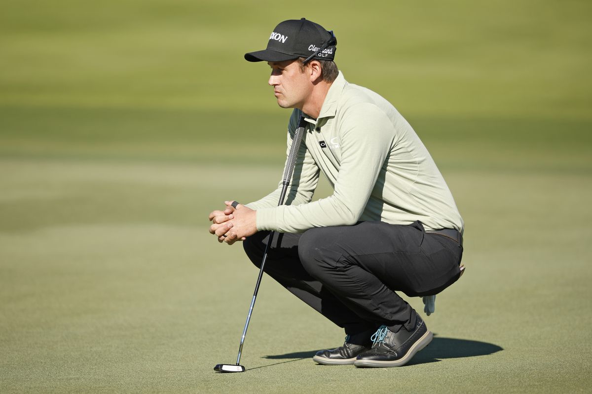 Andrew Putnam of the United States lines up a putt on the ninth green at Sea Island Resort Plantation Course on November 18, 2022 in St Simons Island, Georgia.