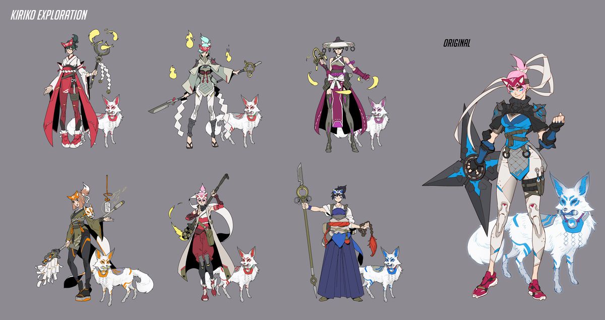 A septet of illustrations of Kiriko, including her original concept art where she wears a technical ninja outfit and holds a giant throwing stars. Other variations include more traditional Japanese clothing and weapons, including staves and blades.