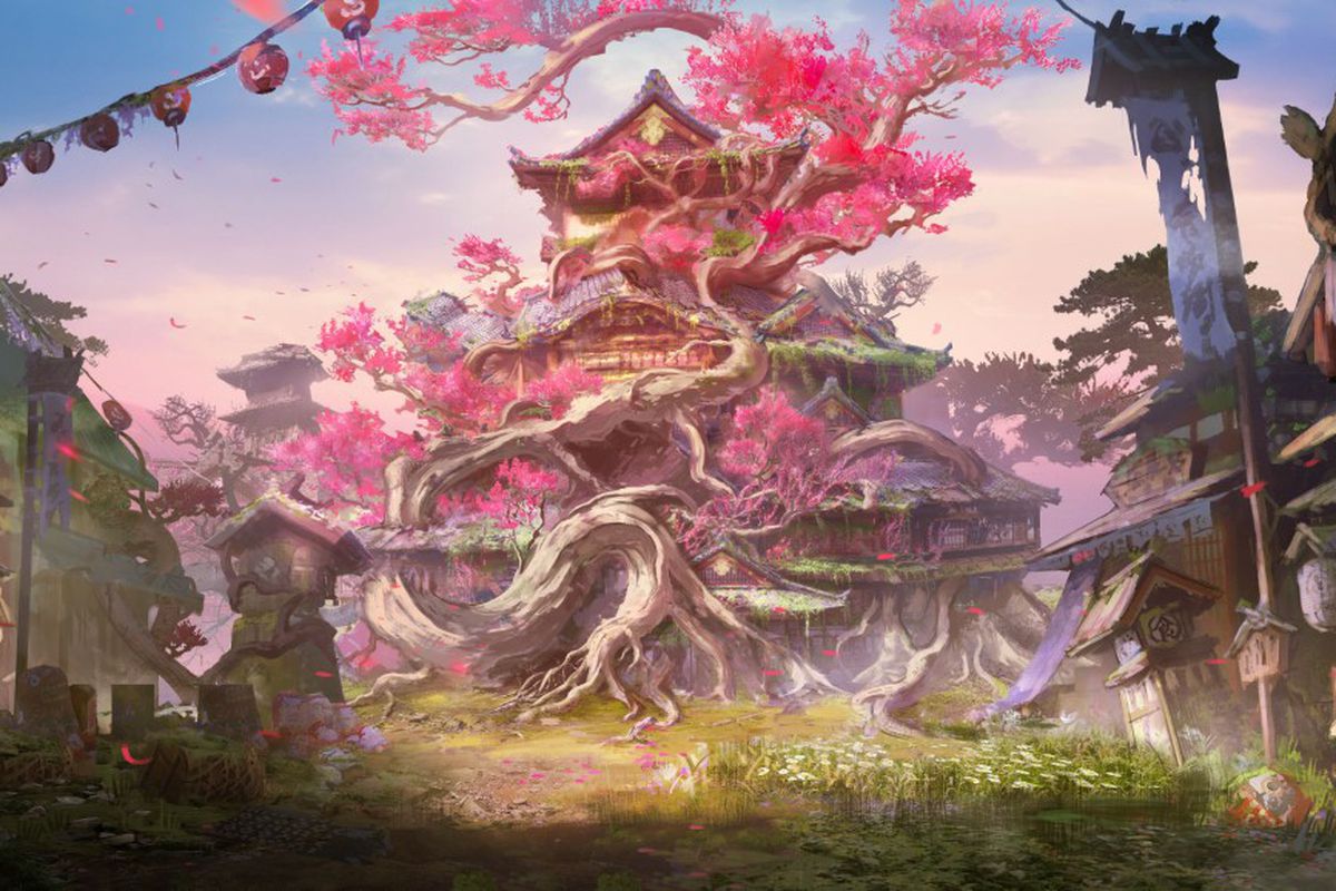 Concept art showing a ruined medieval Japanese temple overgrown with a giant pink blossom tree