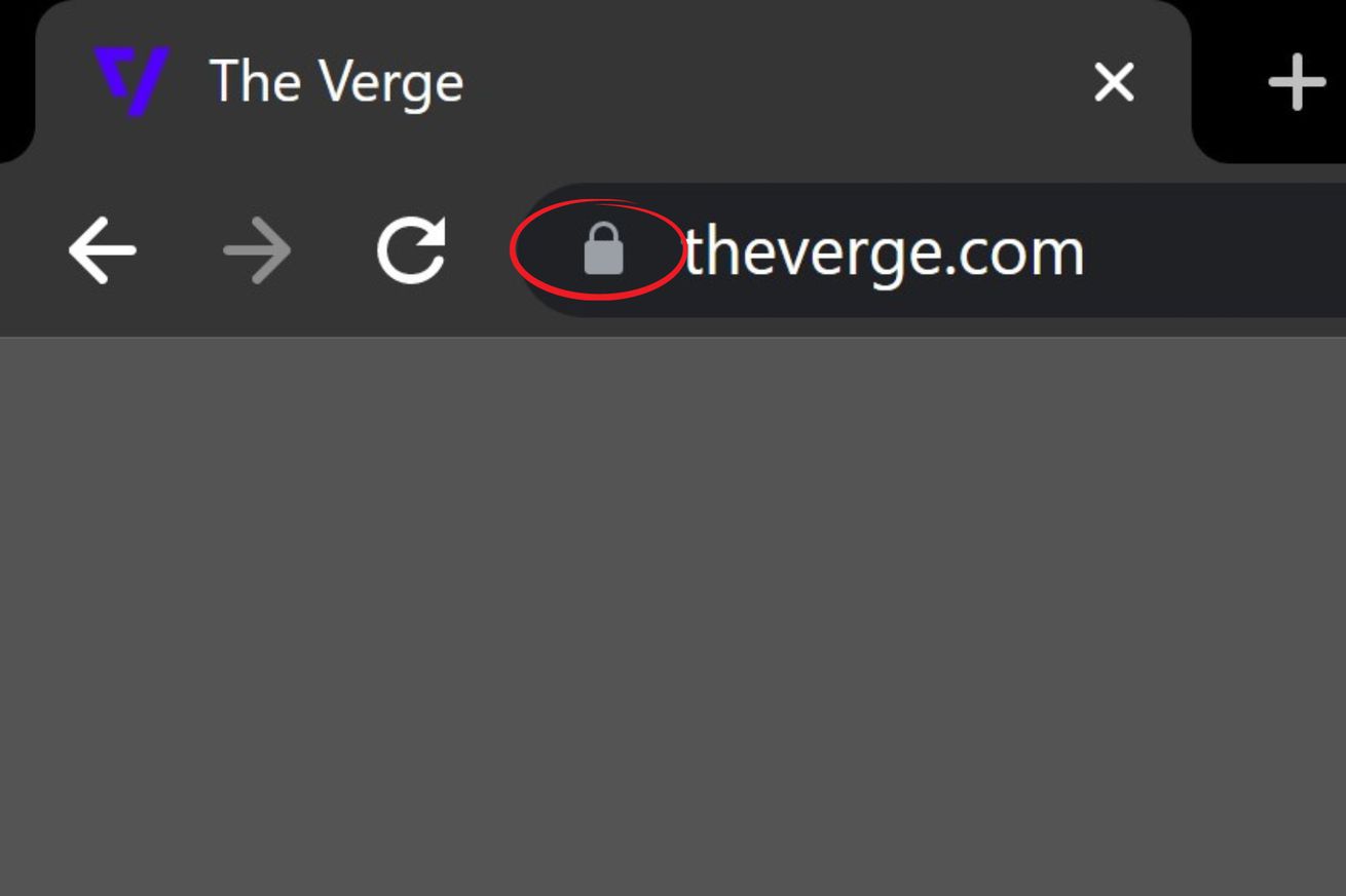 A screenshot of The Verge homepage on Chrome desktop. A red circle can be seen over the lock icon in the browser URL bar.
