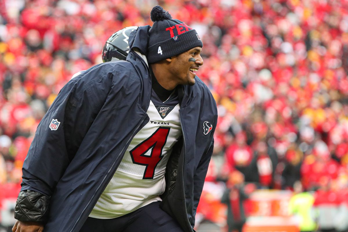 Houston Texans quarterback Deshaun Watson celebrates after a touchdown against the Kansas City Chiefs during the first half in a AFC Divisional Round playoff football game at Arrowhead Stadium.