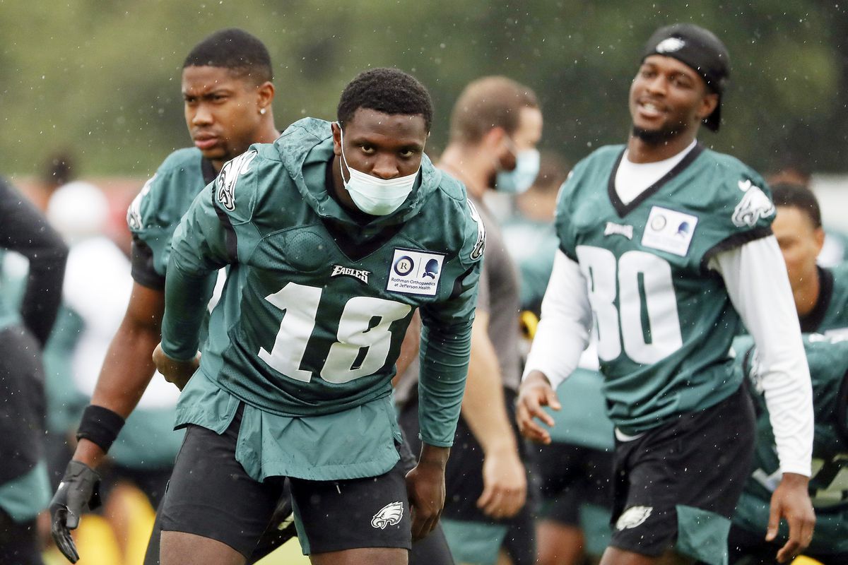 Jalen Reagor #18 of the Philadelphia Eagles reacts during training camp at NovaCare Complex on August 19, 2020 in Philadelphia, Pennsylvania.