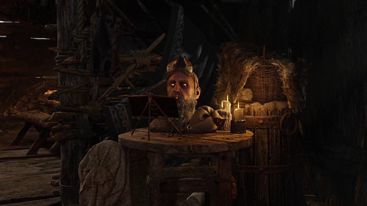 Mimir on a round end table in God of War Ragnarok