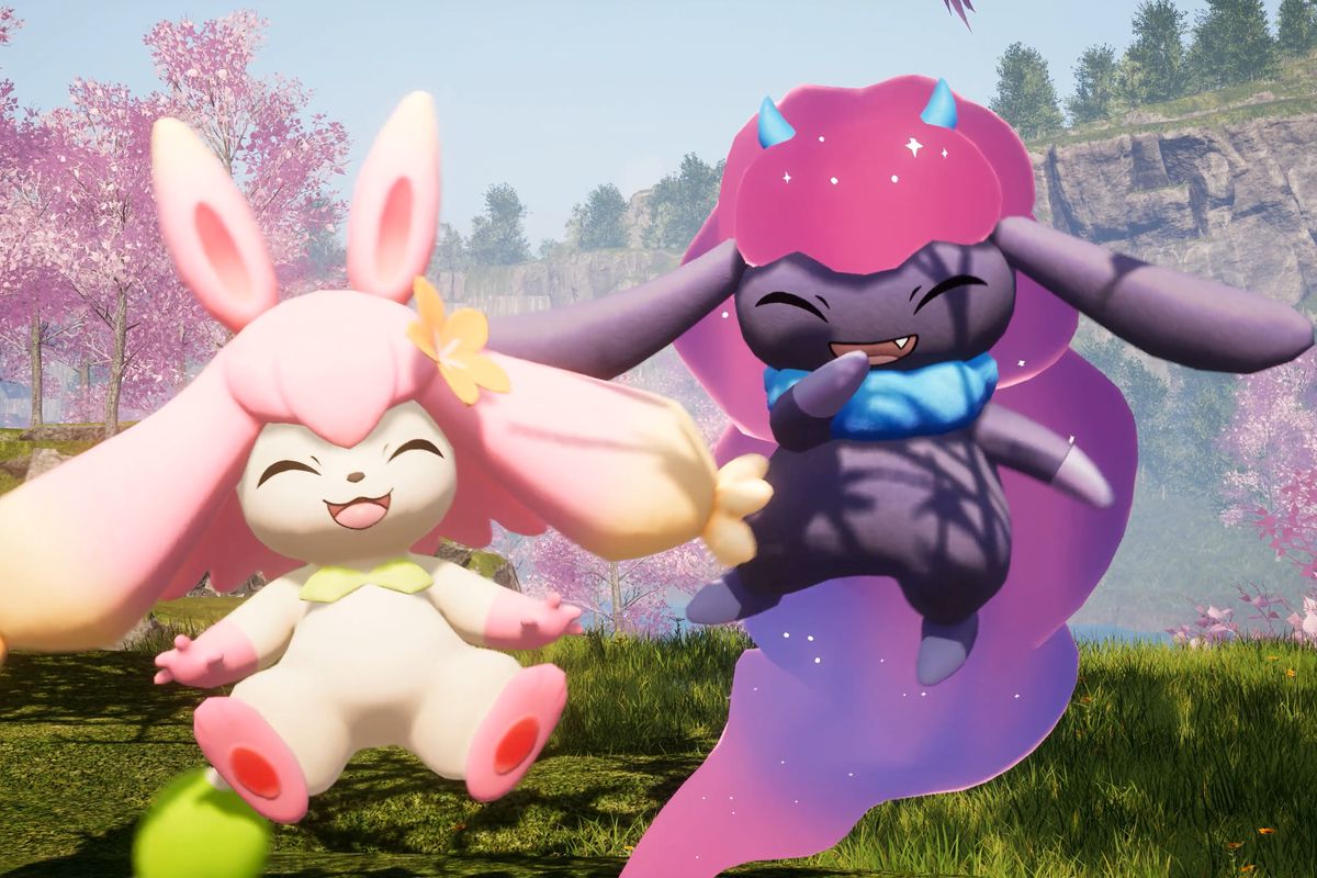 Two Pals in Palworld: one is pink and cutesy and the other is darker with galaxy-like cloud fur.