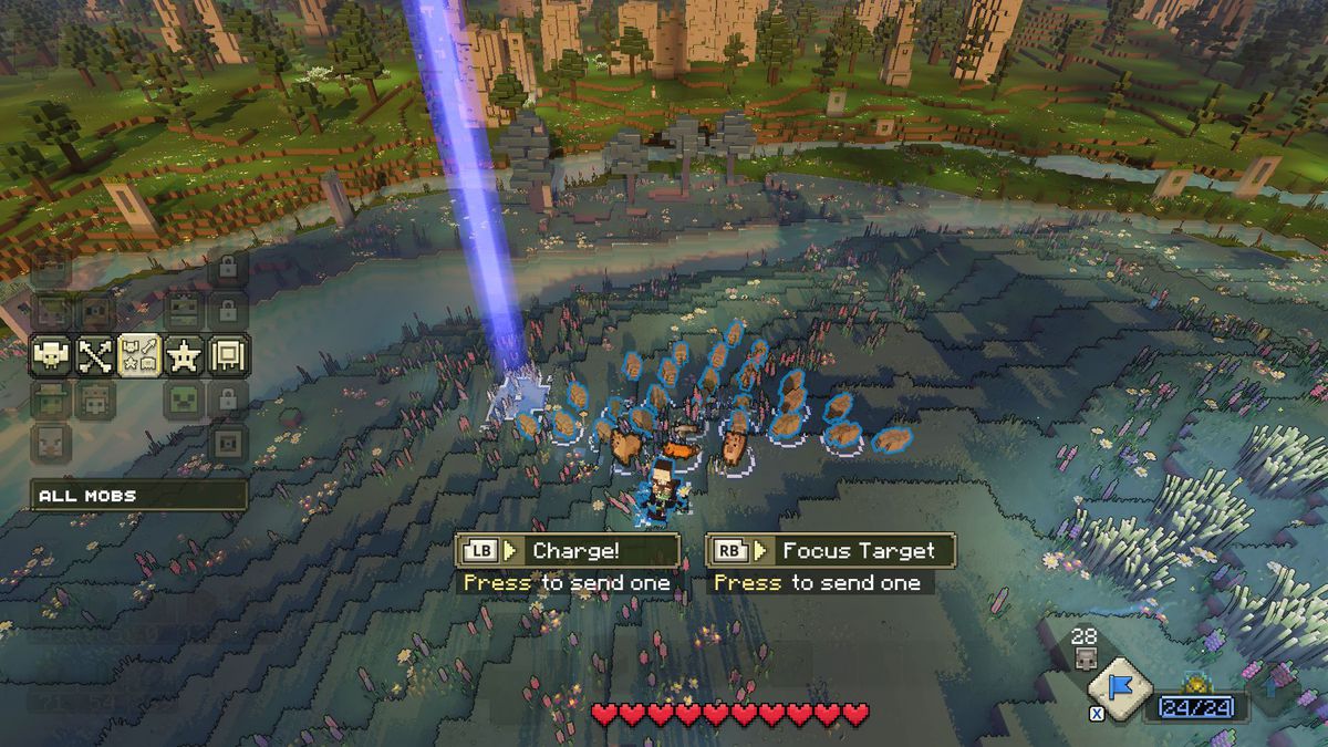 The hero enters banner view in Minecraft Legends, commanding units with the alternate control options suggested below
