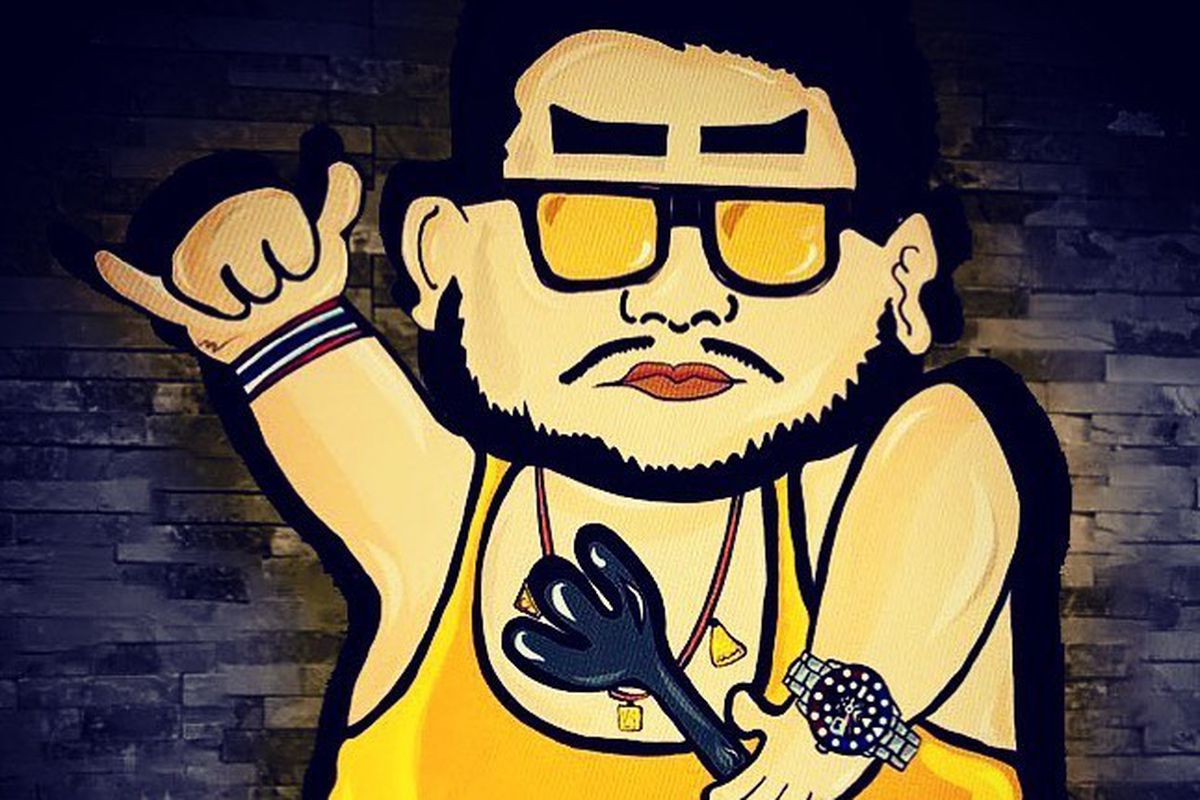 Cartoonish logo of a man in a yellow tank top, mustache, and sunglasses. He holds a spatula in one hand and gives rock ‘n’ roll fingers with the other.
