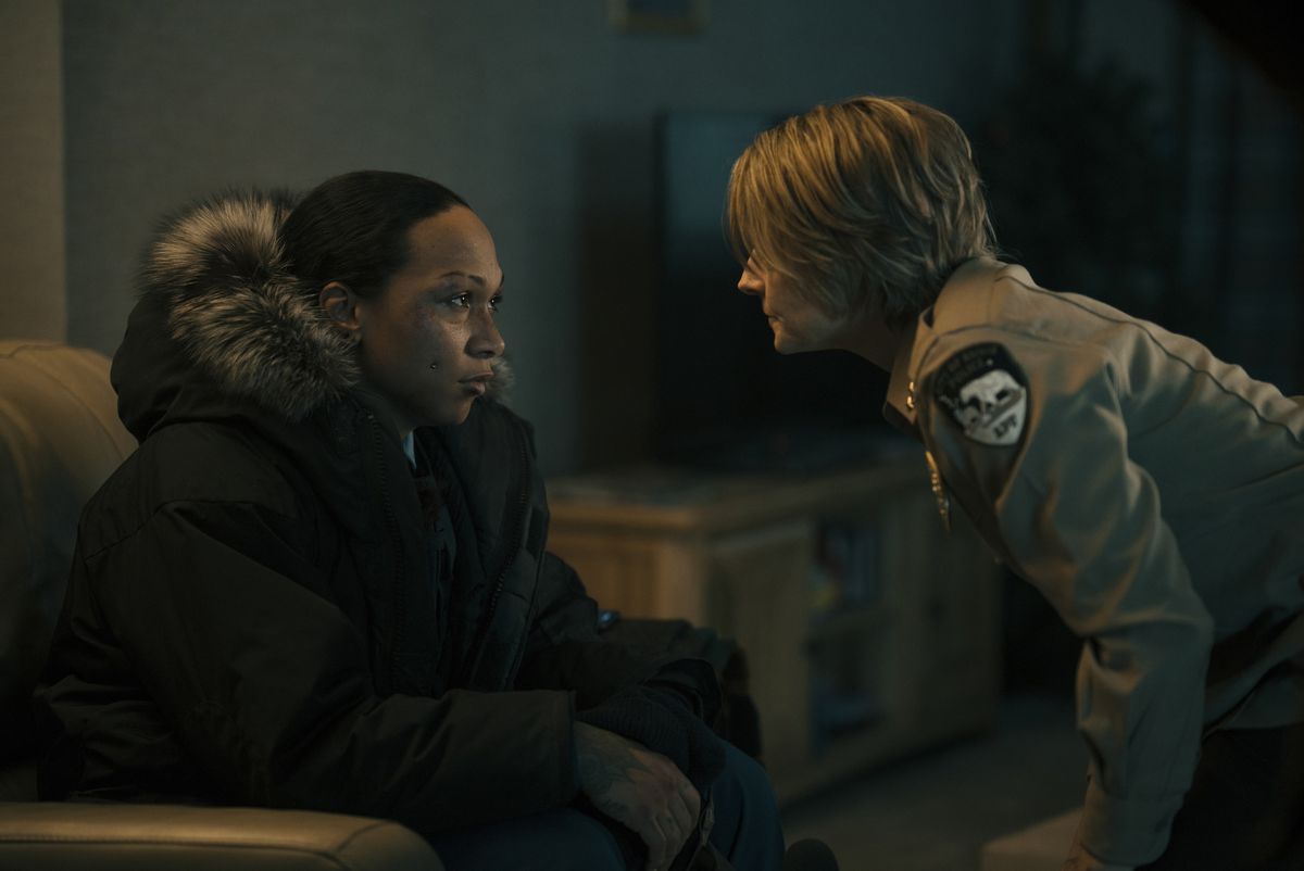 Danvers leans towards a sullen Navarro in a parka in episode 4 of True Detective: Night Country