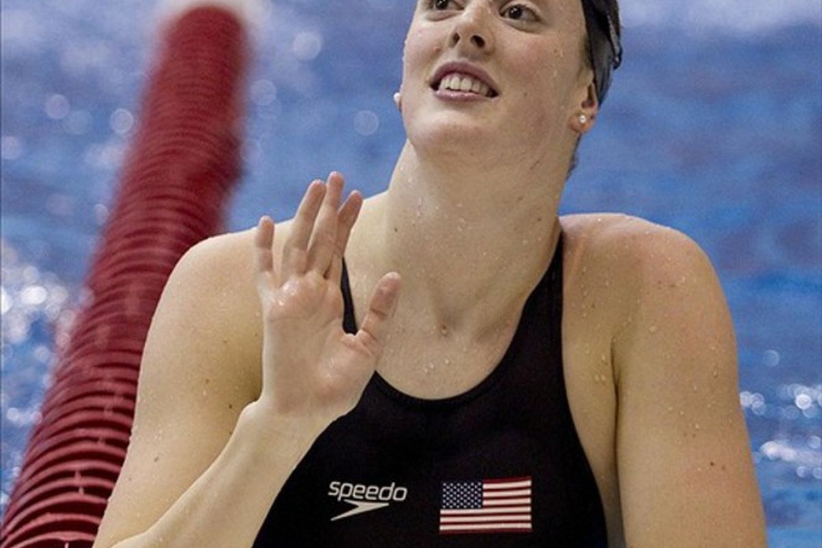 Mar 11, 2012; Columbus, OH, USA; Allison Schmitt waves to fans from the warmup pool after preliminaries during the Columbus Grand Prix at the McCorkle Aquatic Pavillion.  Mandatory Credit: Greg Bartram-US PRESSWIRE
