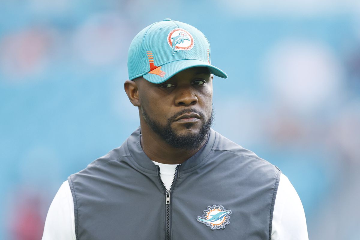 Head coach Brian Flores of the Miami Dolphins looks on prior to the game against the New England Patriots at Hard Rock Stadium on January 09, 2022 in Miami Gardens, Florida.