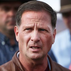 FILE - Congressman Chris Stewart talks with media after joining Interior Secretary Ryan Zinke on a trip into the Grand Staircase-Escalante Monument near Kanab Utah on Wednesday, May 10, 2017.
