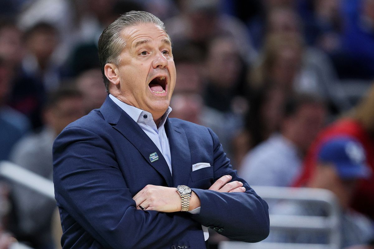 Head coach John Calipari of the Kentucky Wildcats reacts during the first half against the Saint Peter’s Peacocks in the first round game of the 2022 NCAA Men’s Basketball Tournament at Gainbridge Fieldhouse on March 17, 2022 in Indianapolis, Indiana.