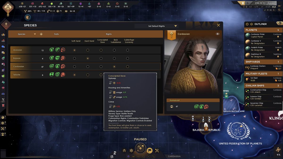 A “Species” selection screen in Star Trek: Infinite allows the player to see which civil rights are available to the being in question, according to different in-game factions and their laws