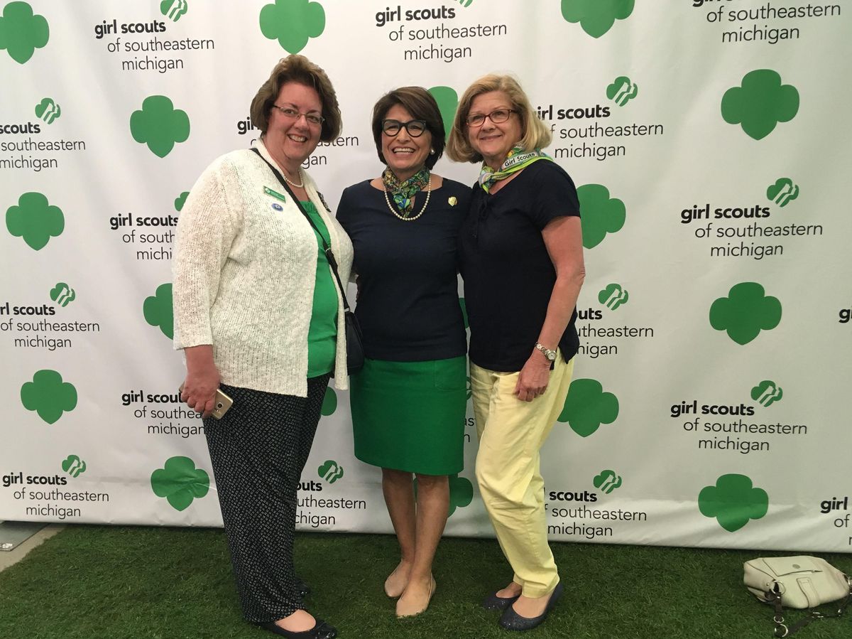 Sylvia Acevedo, center, CEO of the Girl Scouts of the USA, says that while her organization is disappointed that the Boy Scouts have decided to accept girls it is focused on helping parents understand the benefits of Girl Scouts. | AP Photo