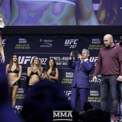December 29, 2016 — Amanda Nunes, the UFC bantamweight champion, stares down the returning Ronda Rousey from the scale at ceremonial weigh-ins for UFC 207 as a lion.