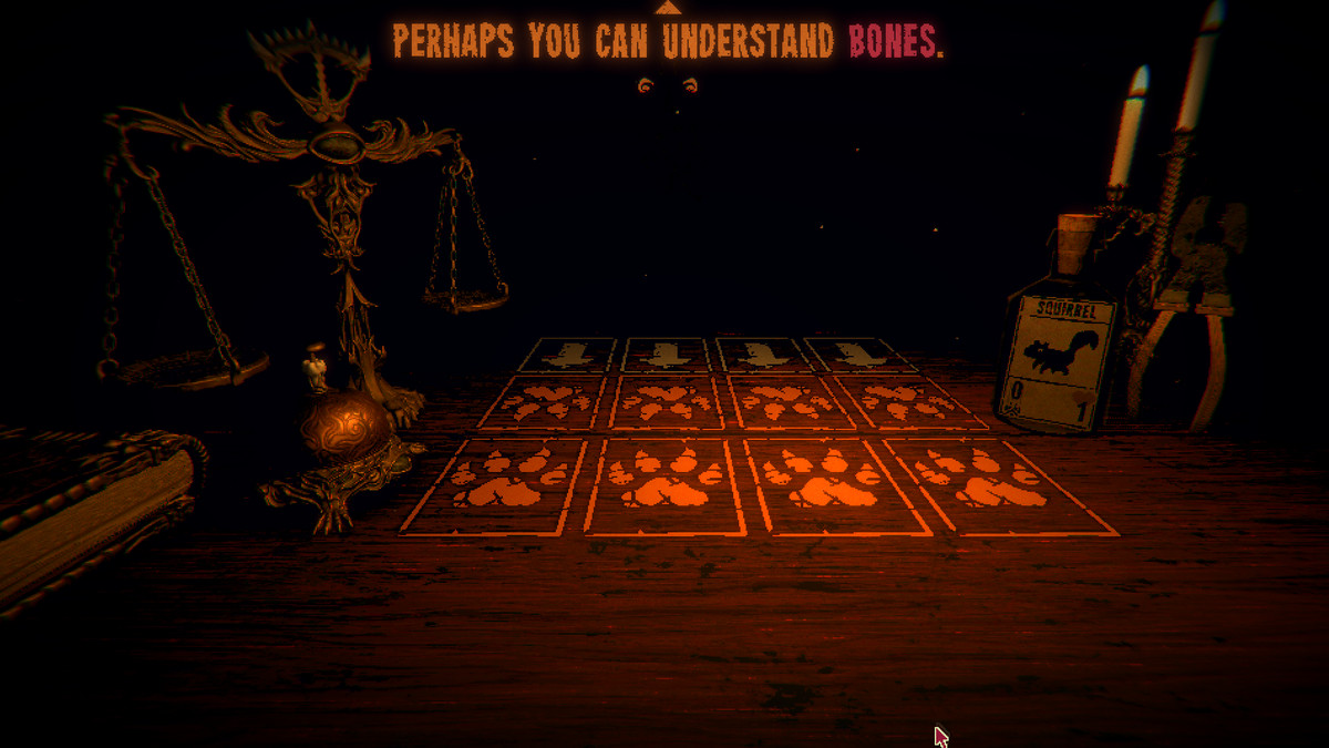 A wooden table with a scale and table bell to the left and a bottle, some pliers, and a candelabra to the right. A 3 by 4 grid for cards is marked on the table. At the top the image reads “Perhaps you can understand bones.”