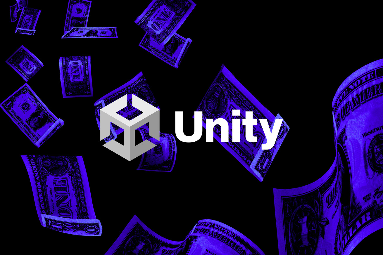 Photo illustration of the Unity logo with cash falling in the background.