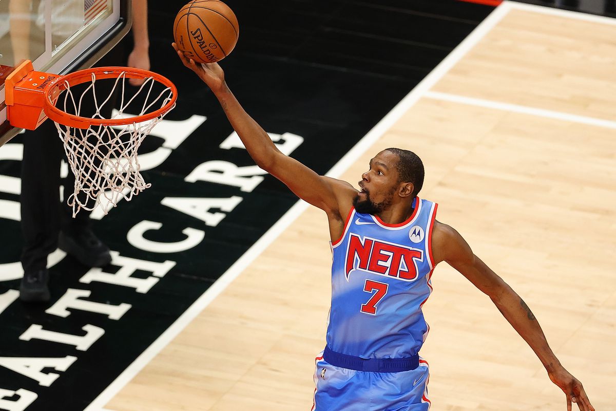 Kevin Durant of the Brooklyn Nets attacks the basket against the Atlanta Hawks during the second half at State Farm Arena on January 27, 2021 in Atlanta, Georgia.