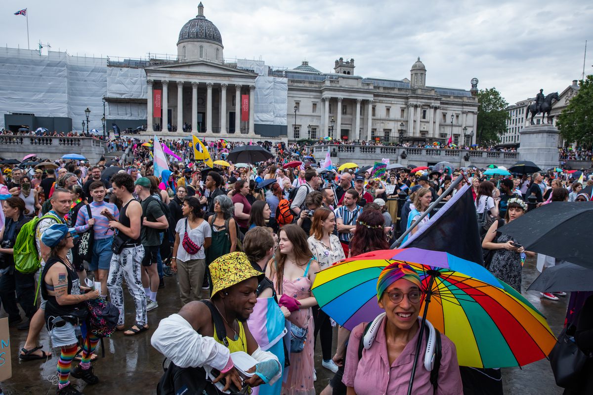 Thousands of people assemble in Trafalgar Square to take part in a London Trans+ Pride march on 8 July 2023 in London, United Kingdom. London Trans+ Pride is a grassroots protest event which is not affiliated with Pride in London and which focuses on creating a space for the London trans, non-binary, intersex and GNC community to come together to celebrate their identities and to fight for their rights.